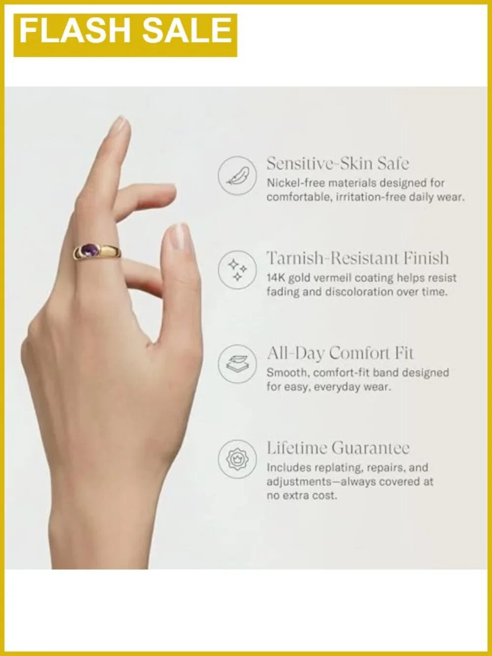 18K Gold Vermeil 925 Sterling Silver Amethyst Oval Comfort Fit Ring